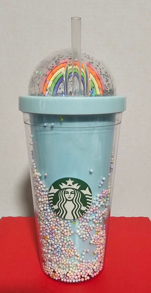 Starbucks Rainbow Top Dome Lid Tumbler Lt Blue W/Straw Limited Edition 15 oz.