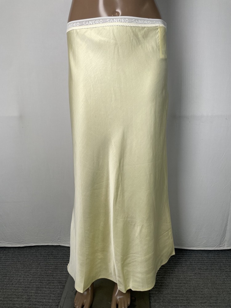 Sandro Womens Midi Skirt Pastel Yellow Size US 10/ FR 42 Linen Blend Lace Zip Up