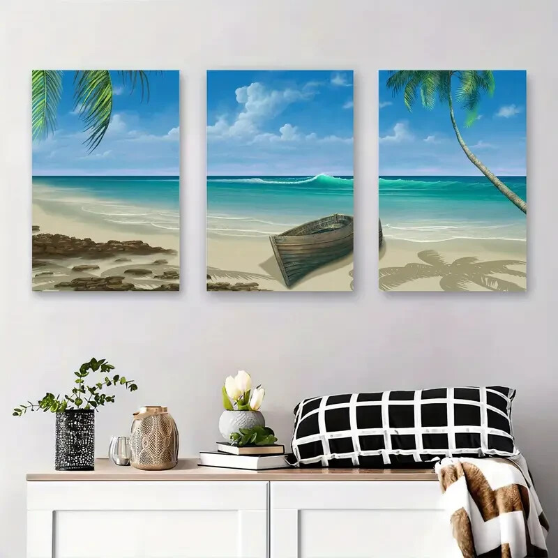 3pcs  Tranquil Beach & Palm Tree Sandy Shore Metal Print  Ready to Hang Art