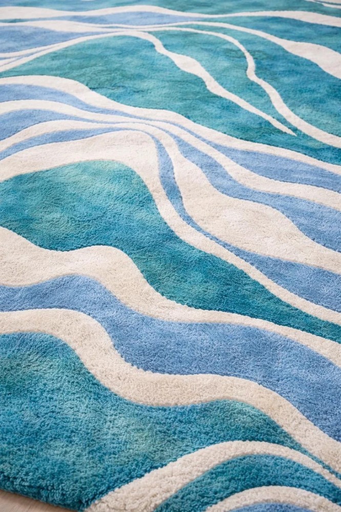 Hand Tufted Wool Area Rug – Modern Abstract Blue & Teal Wave Design, Luxury Rug.