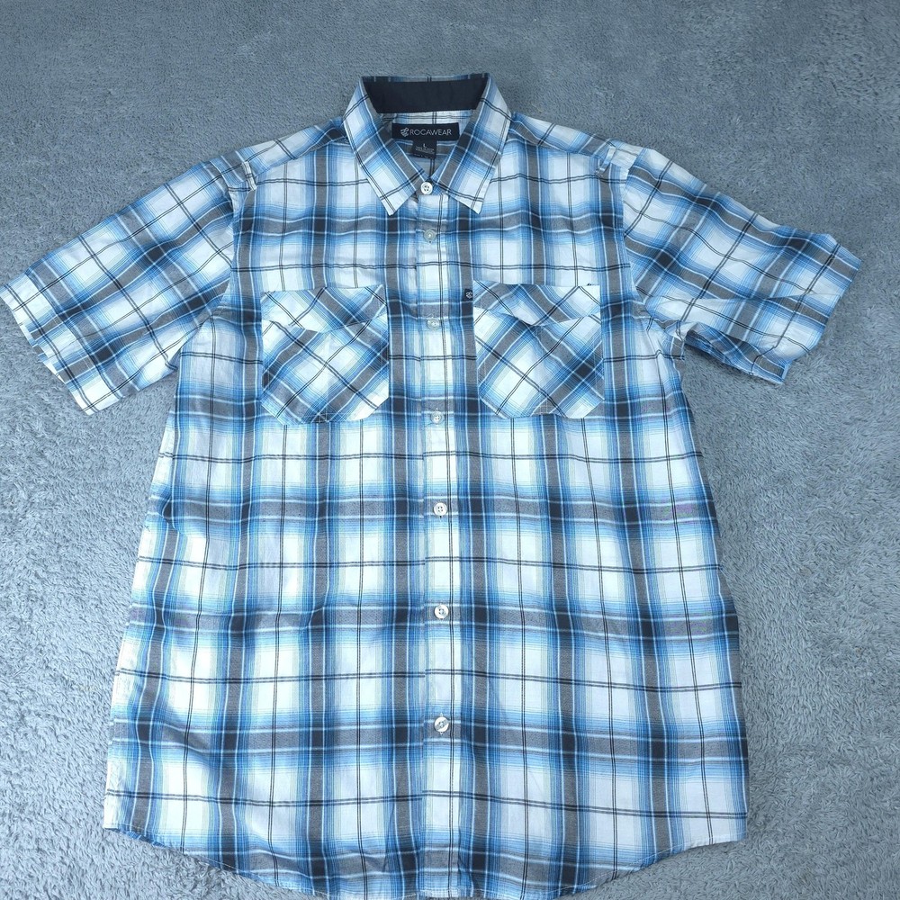 Rocawear Shirt Mens Large Blue Plaid Short Sleeve Button Up Casual Top