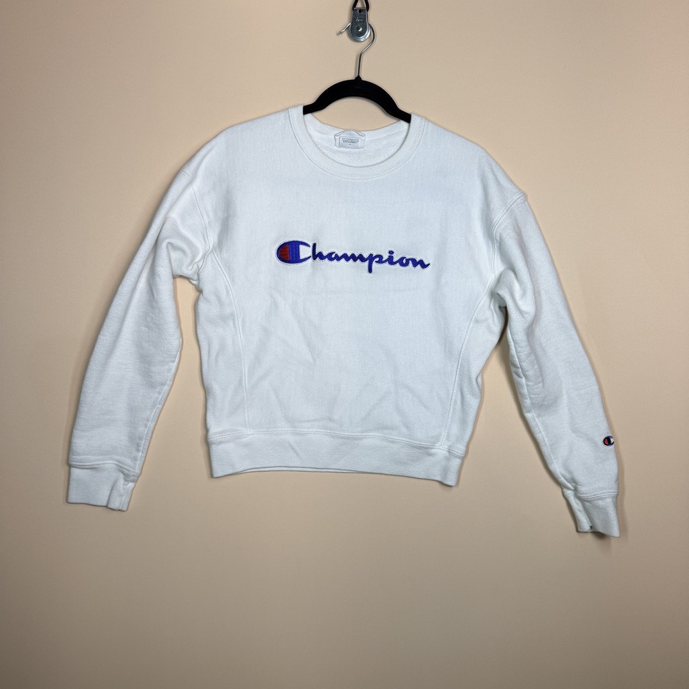 Champion Reverse Weave Crew Neck Logo Sweater Sweatshirt White Women's Small S