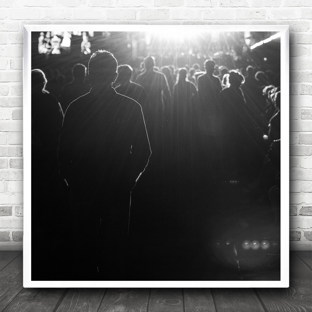 Silhouette Dark Light Crowd Packed Street Night B&W Square Wall Art Print