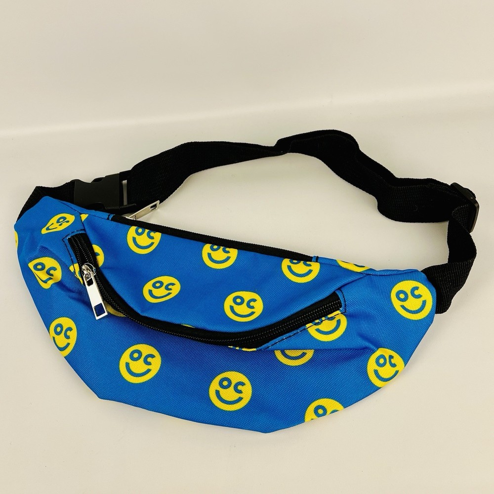 90s Vintage Sport Fanny Pack Yellow And Blue Smiley Face Bright Bum Bag Winking