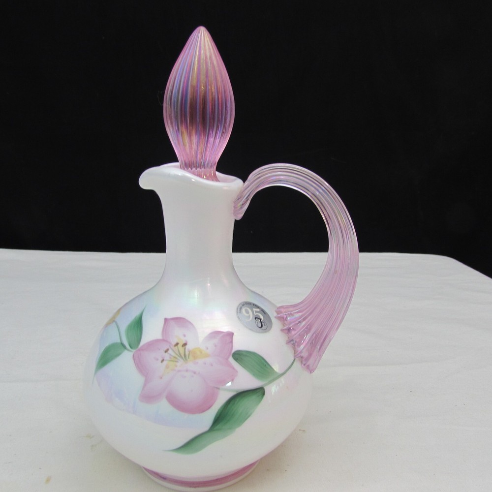 Fenton Milk Glass Iridized Floral Hand Painted Cruet Special Order 2000 W322