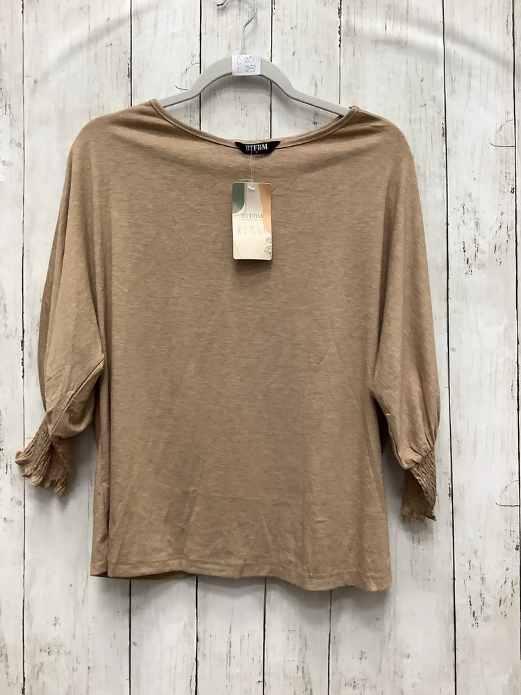BTFBM Women's Small Tan Crewneck Blouse: Dressy 3/4 Smocked Puff Sleeve Top