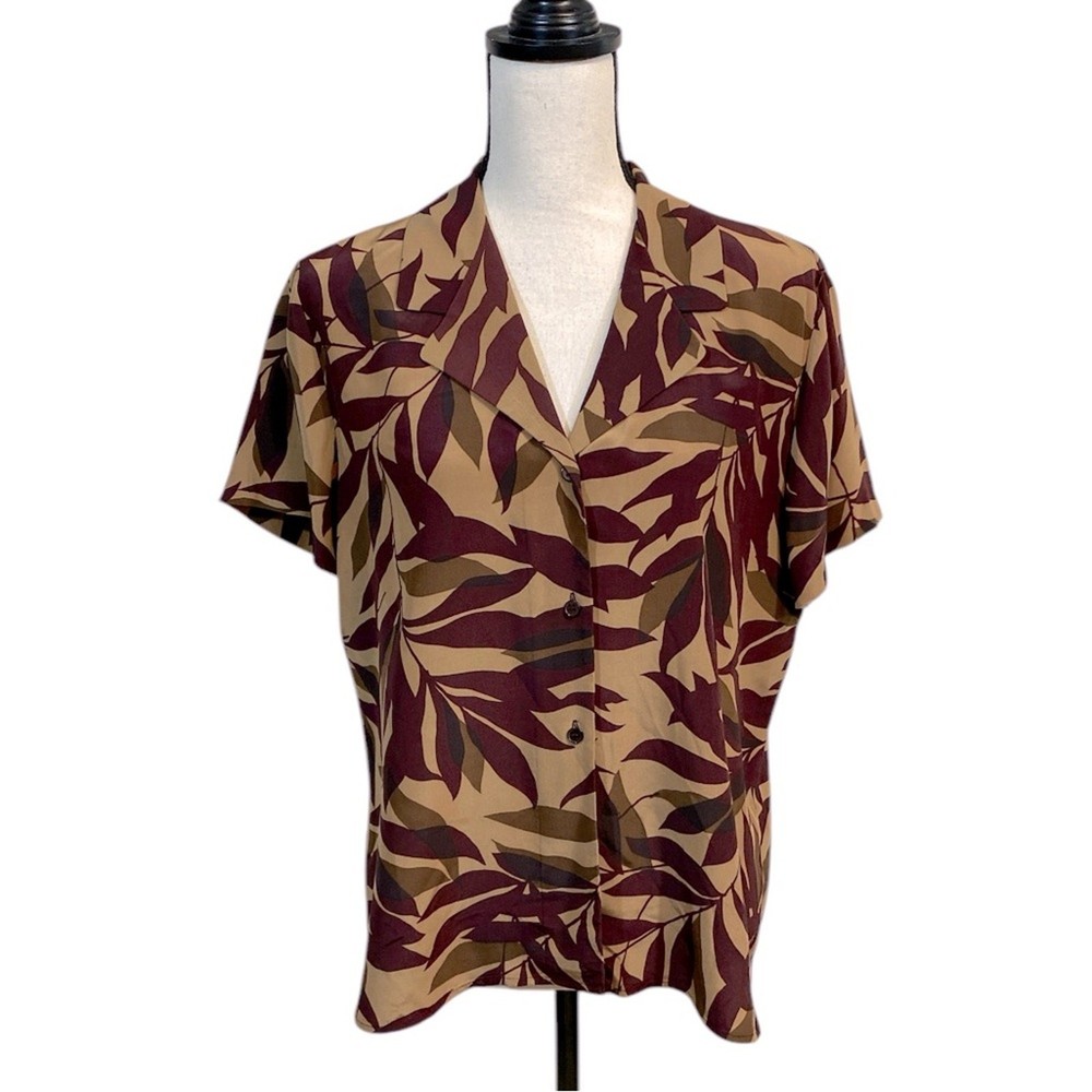 Vintage 90s Jones New York Silk Short Sleeve Blouse Brown Burgundy Size 12