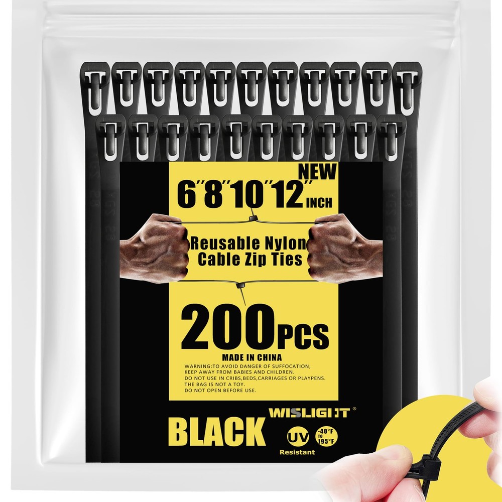 200-Pack Reusable Self-Locking Adjustable Nylon Zip Ties for Organizing Cables