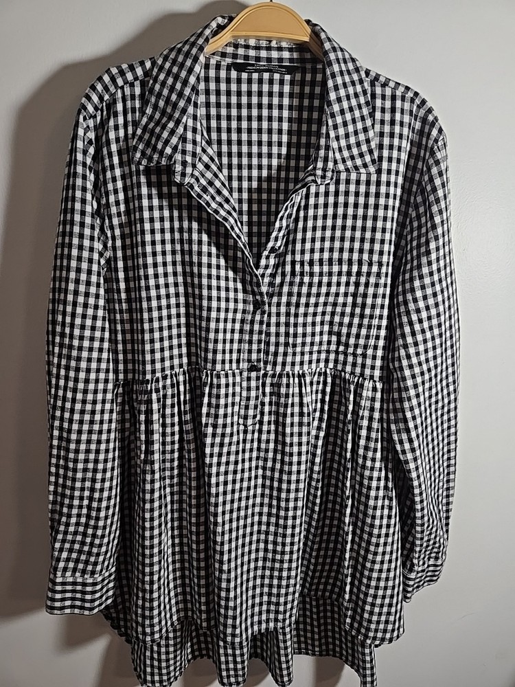 Zara Women's Gingham Babydoll Ruffled Tunic Top Size XL High Low Long Sleeve