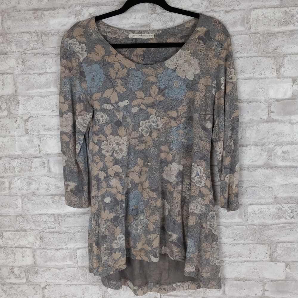 Peruvian Connection Capestrano Floral Tunic Fit Flare Womens Med Gray Multi