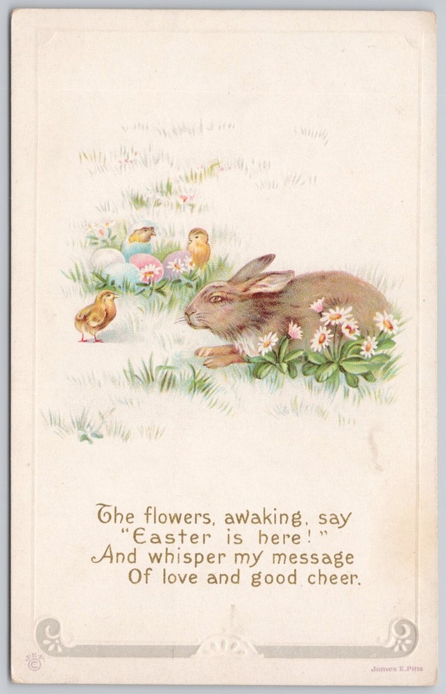 Easter Greetings Divided Back Embossed Postcard Chicks Eggs Rabbit