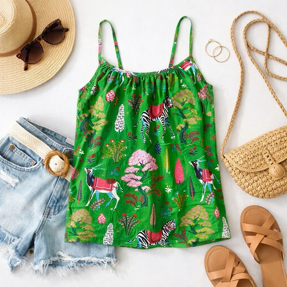 Printfresh Organic Cotton Cami Top Large Green Whimsical Safari Animal Print AOP