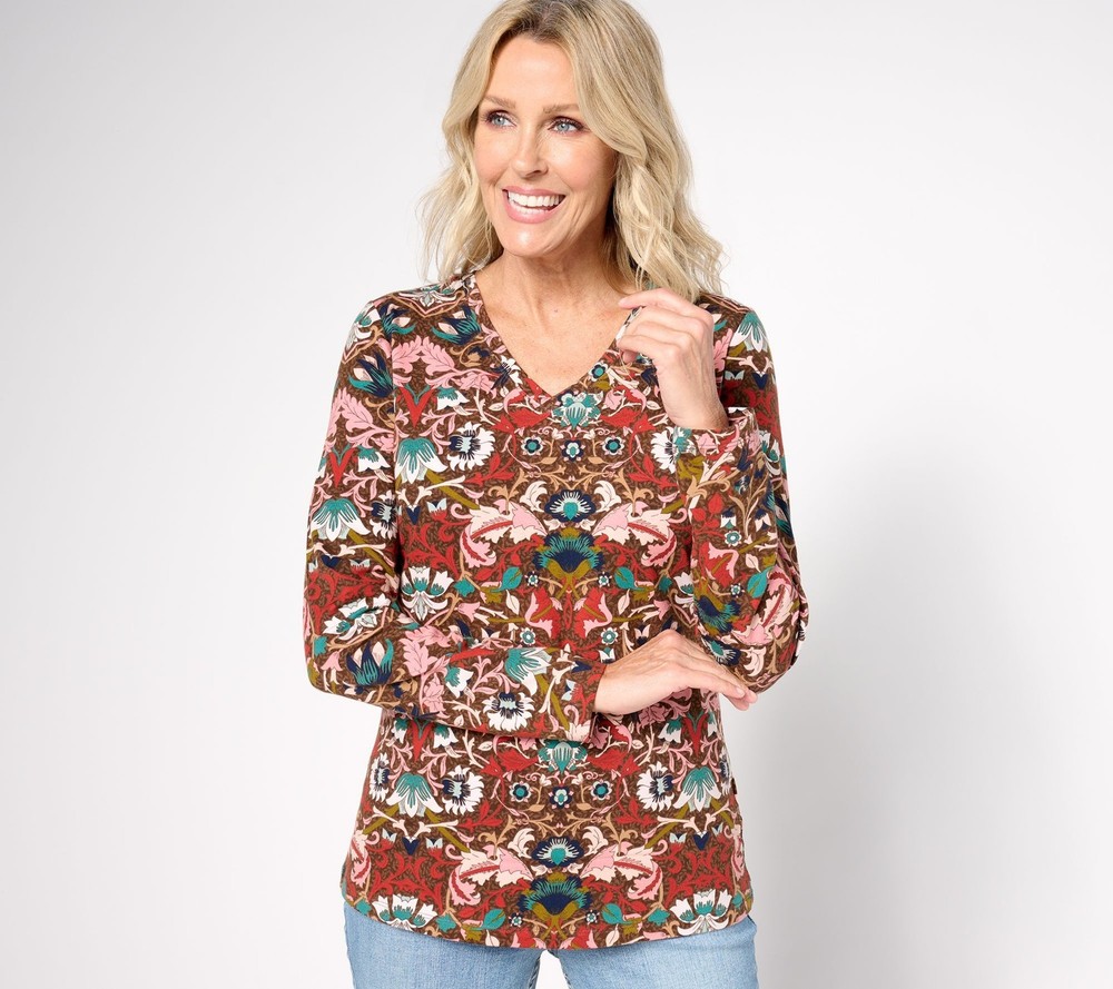 Denim & Co. Women's Top Sz M Favorite Jersey Printed Long Multi-colored A673724