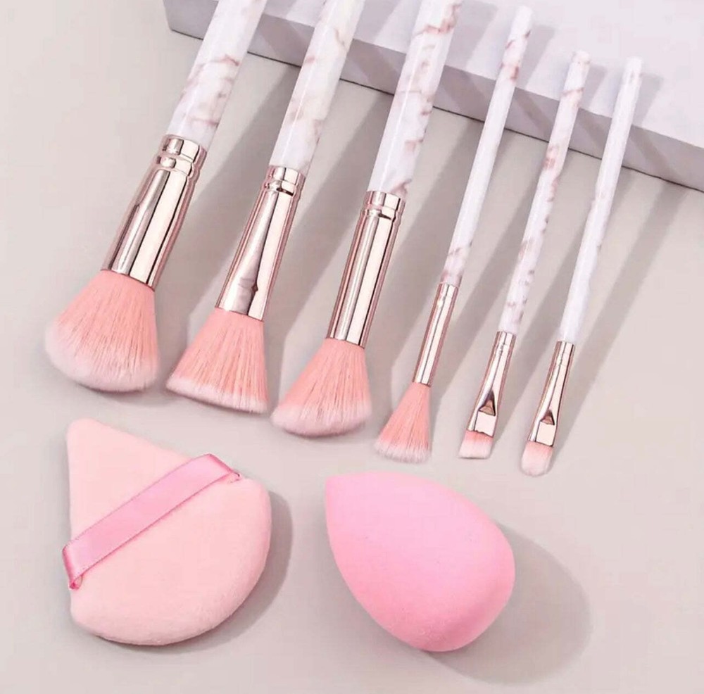 8pcs Pink Marble Makeup Brush Set with Blending Sponges - Includes Face, Eye &