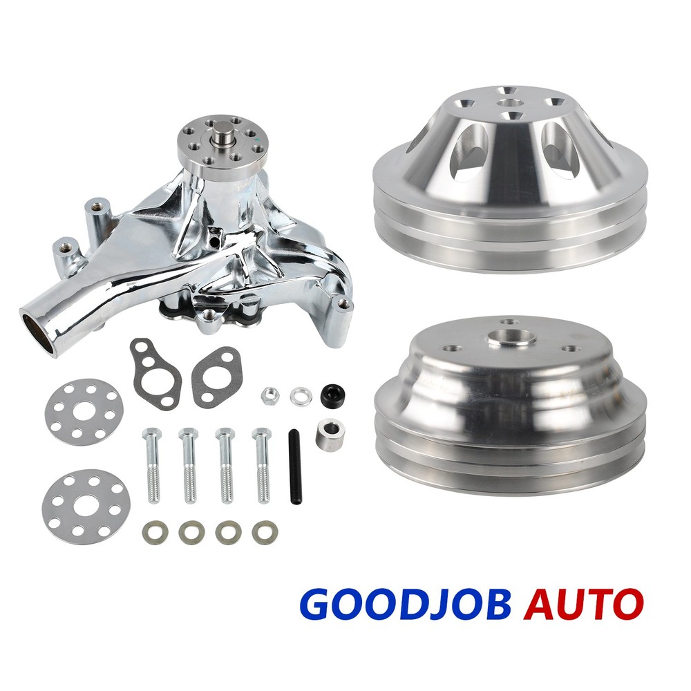 Alum Chorme Long Water Pump Small Block Chevy + 2 Grooves Pulley&Crankshaft Kit