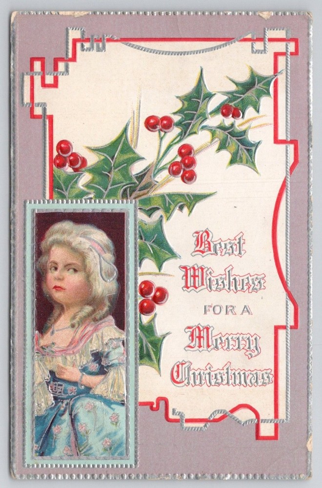 1909 Christmas Postcard Embossed Holly Girl Indianapolis Postmark