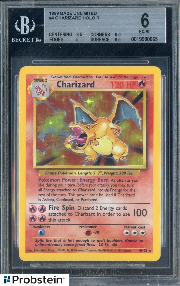 1999 Pokemon Base Unlimited #4 Charizard Holo Rare BGS 6 EX-MTPROBSTEIN is actively accepting consignments !!
