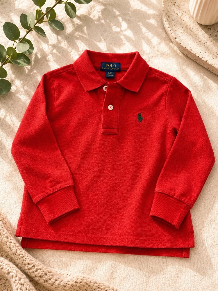 Polo Ralph Lauren Red Solid Cotton Collared Knit Polo Shirt 2/2T Long Sleeve