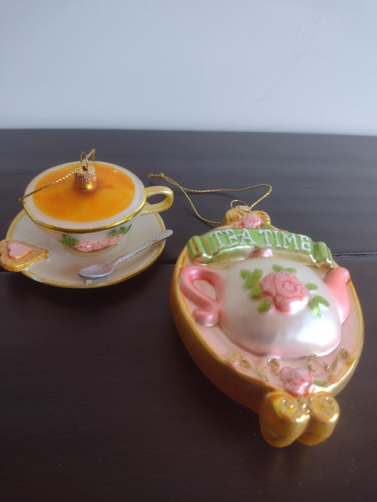 Old World Christmas ? TEA Time Teacup 2 Pc Set Glass Ornament Bridgerton Theme ?