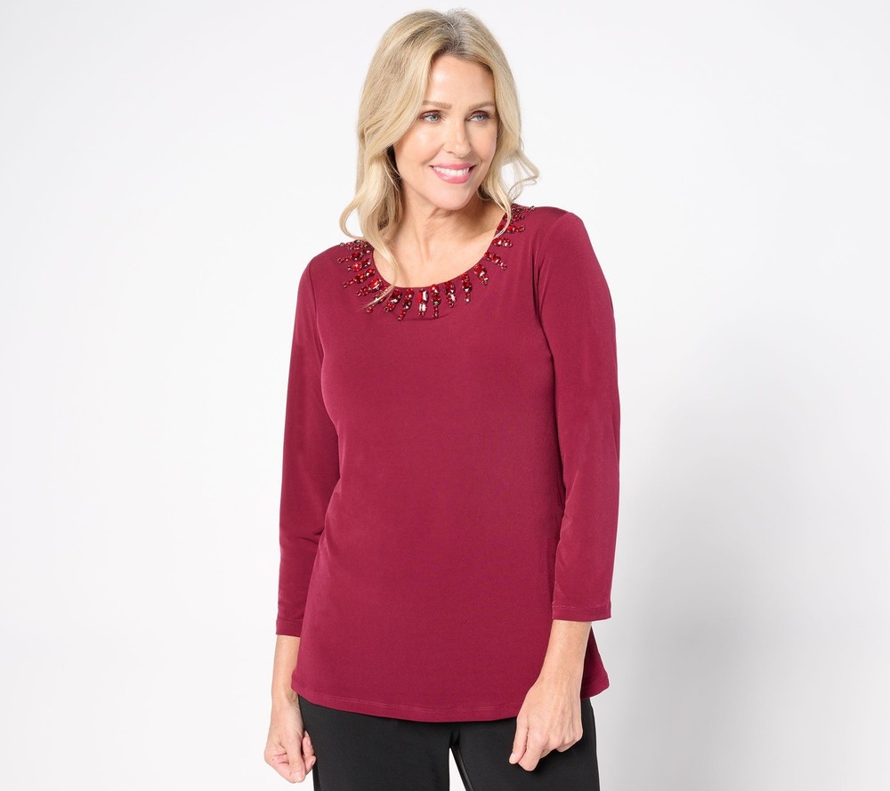 Susan Graver Women's Top Sz L Artisan Bell-Sleeve Embellishment Red A667477
