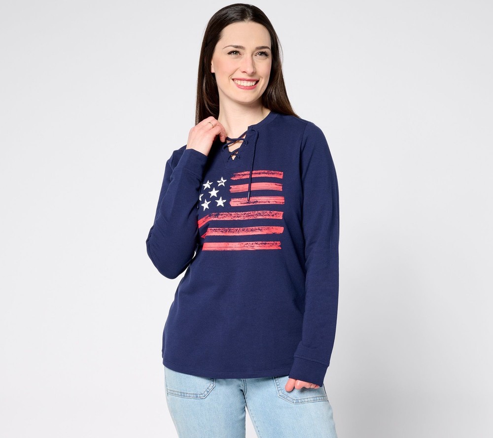 Denim & Co. Women's Top Sz L Active Americana Flag French Terry Blue A648427