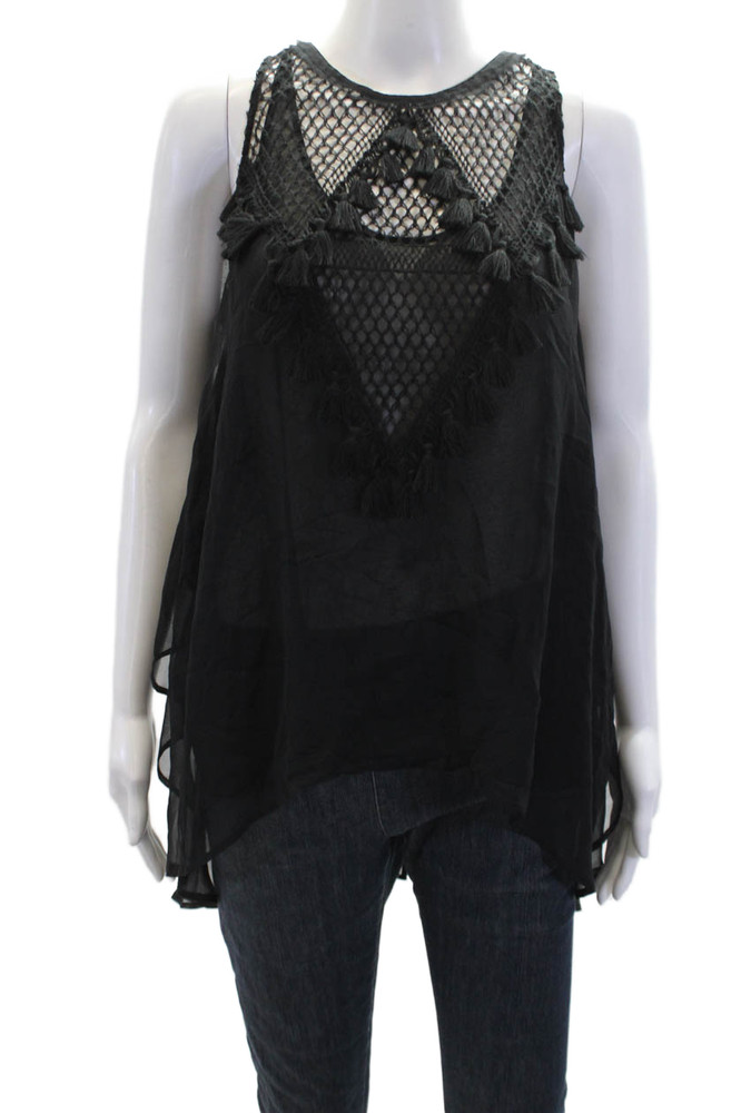 Kobi Halperin Women's Round Neck Sleeveless Tassel Sheer Blouse Black Size MFree Shipping in US $100+ Orders | $6.95 Orders Below