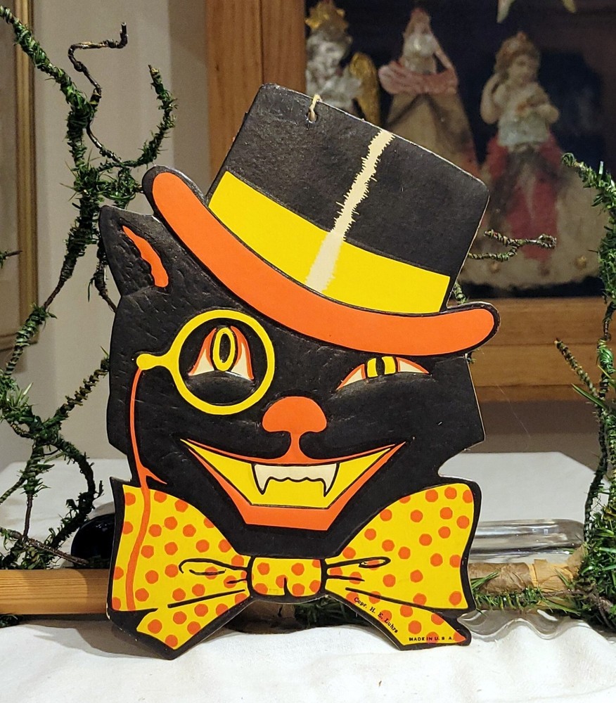 2nd Vintage 1950s Beistle Pumpkin Man with Bow Tie Derby Hat Corncob Pipe Dec