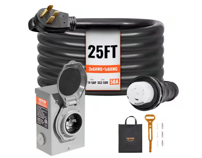VEVOR 25 ft. 50 Amp 125-Volt Generator Extension Cord and Power Inlet Box Kit