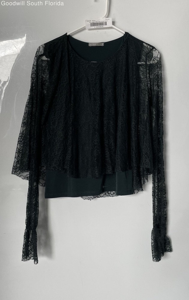 Zara Womens Green Floral Lace Long Sleeve Round Neck Blouse Top Size Small