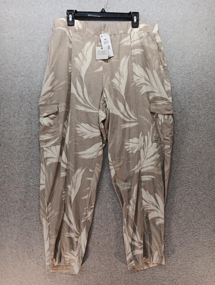 NWT Cupio Pants XL Brown Linen Blend Lagenlook Wide Leg Floral Relaxed Pockets