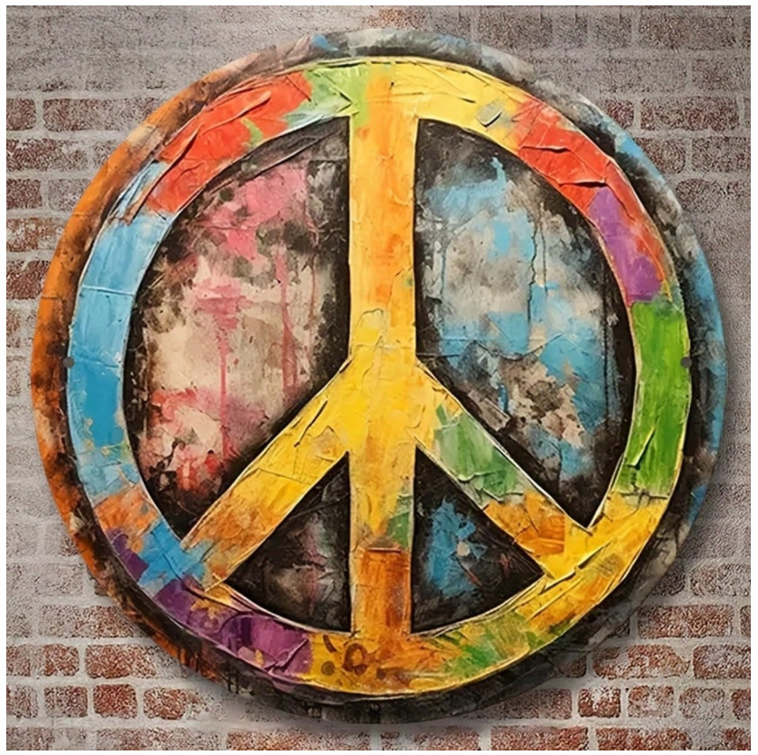 Vintage Peace Sign Metal Wall Art, 8 Inch X 8 Inch - Retro Hippie Decor, Suitabl