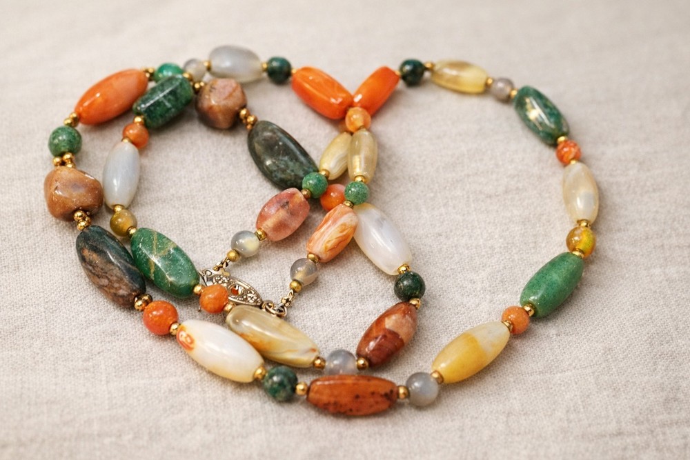 VTG Multi Stone Necklace Agate Aventurine Carnelian Earth Tone Boho