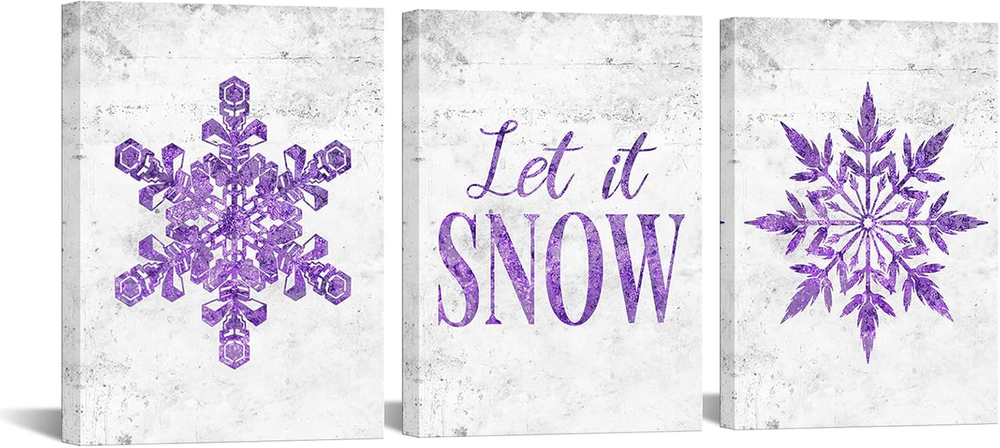 3-Piece Purple Abstract Snowflakes Canvas Wall Art with Snow Quotes-image