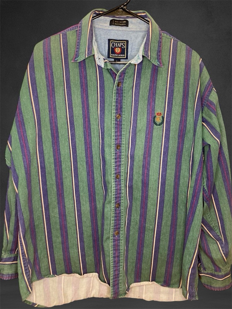 Vintage 90s Chaps Ralph Lauren Striped Shirt Large Green Purple Crest Logo Rare