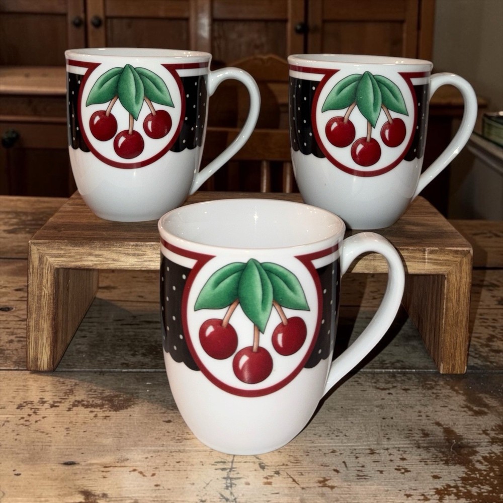 Vintage Mary Engelbreit Set of 3 Cherry At Home Enesco Coffee Mugs, 2001