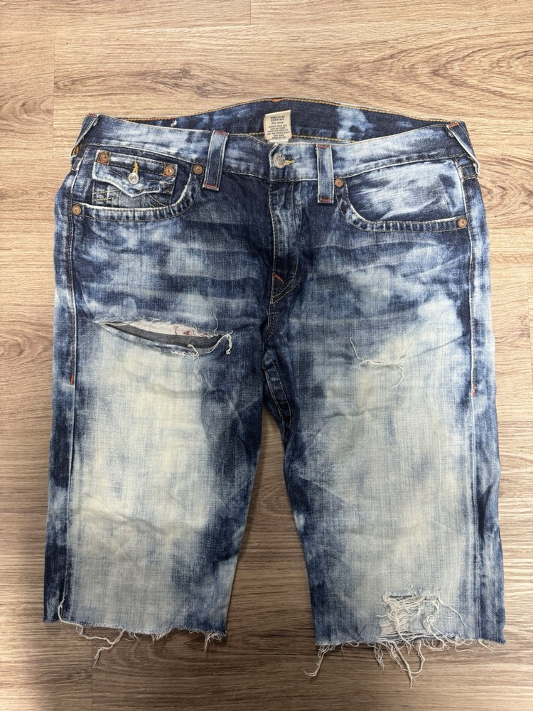 Vintage True Religion Jean Shorts Acid Wash Crazy Pattern Distressed Size 38