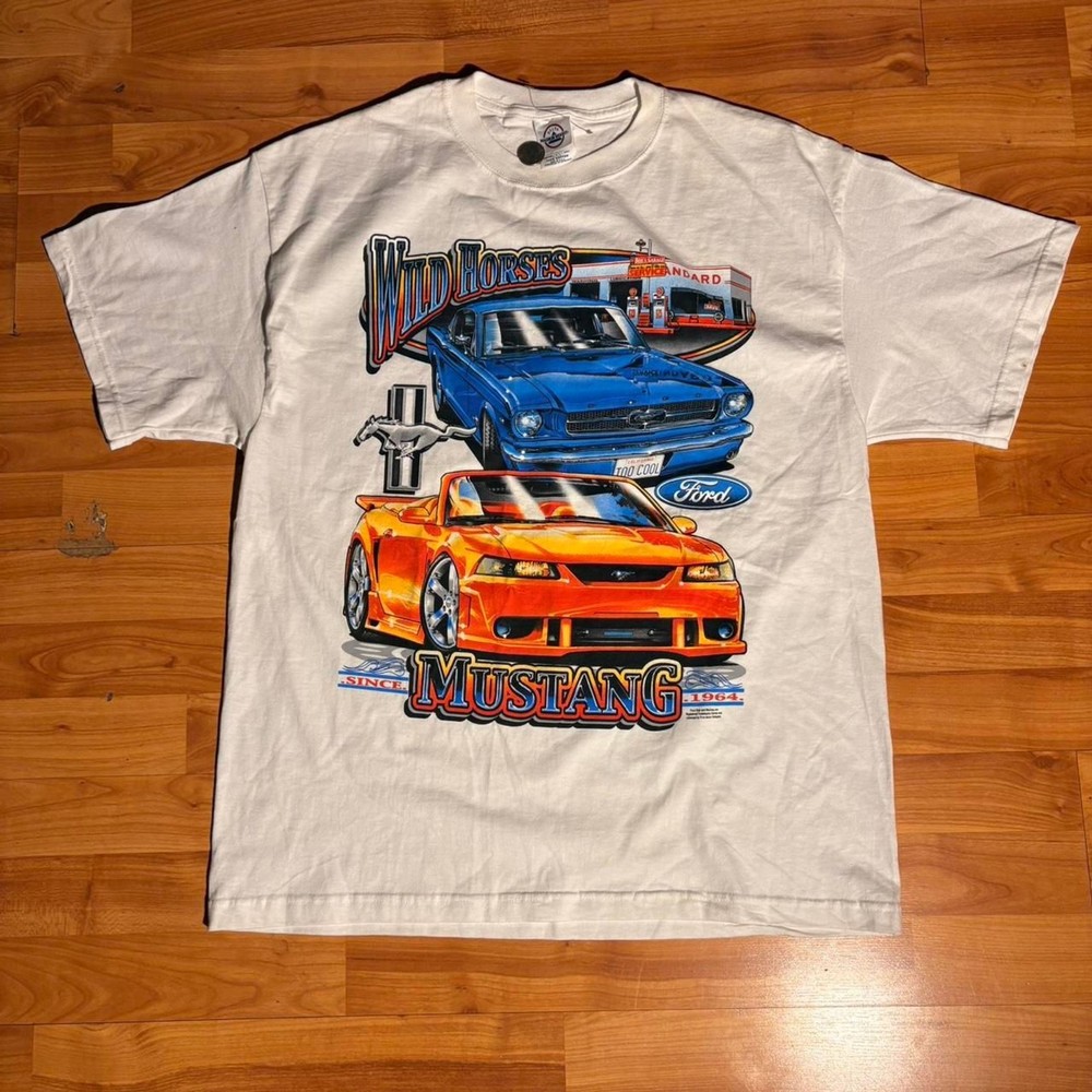 Vintage 90s Ford Mustang White T Shirt Racing Car Graphic Tee Size L Streetwear