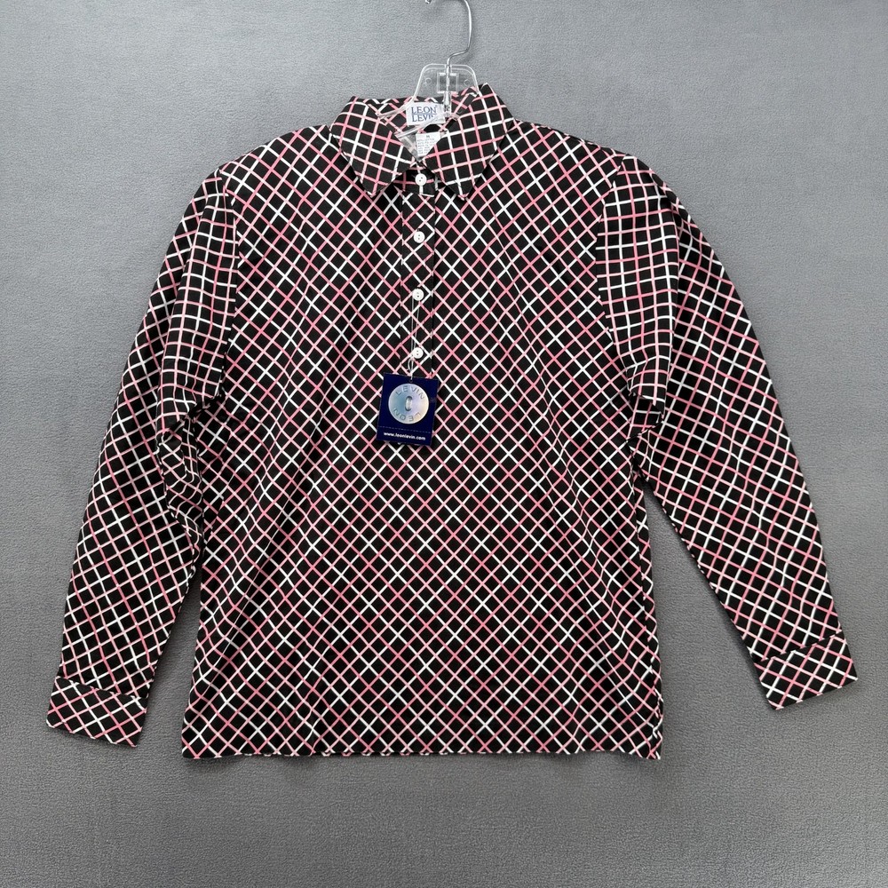 Leon Levine Womens Medium Pink Black Plaid Preppy Long Sleeve Polo Blouse