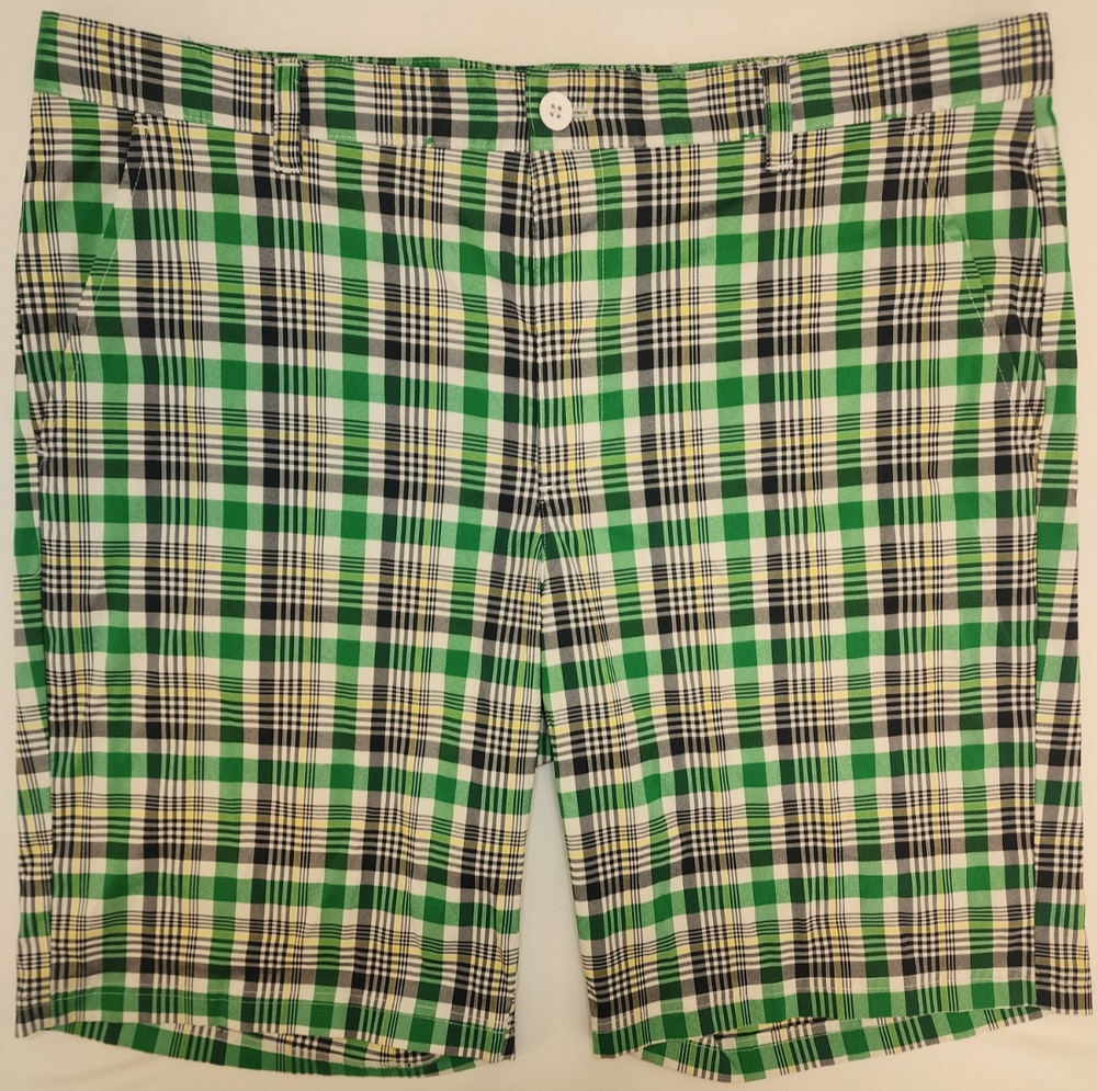Izod Mens 40 Green Yellow White Blue Plaid Performance Golf Shorts No Slip Waist