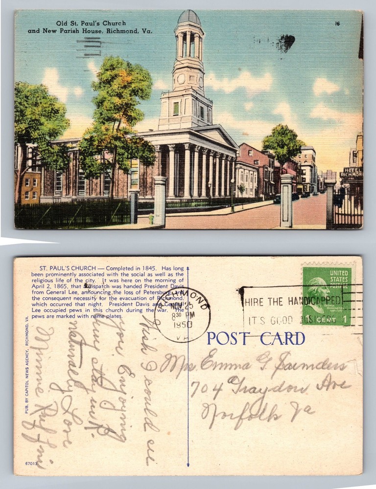 Richmond, VA-Virginia, Old St Paul's Church Parish House c1950 Vintage Postcard