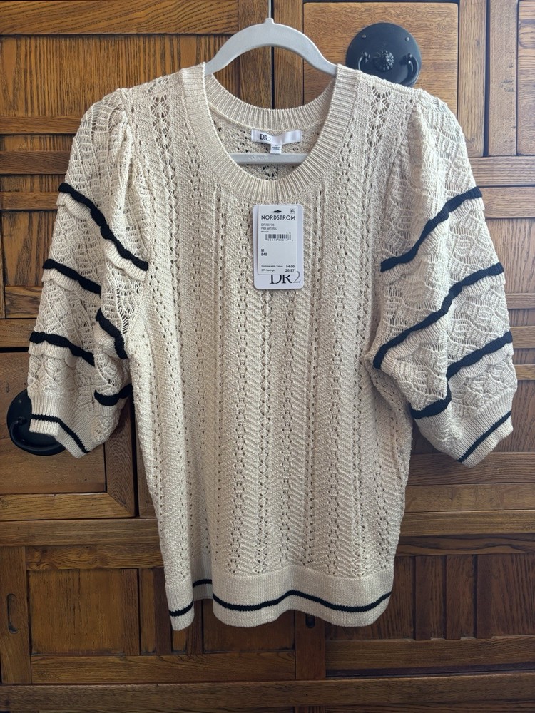 NWT DR2 Crochet Knit Balloon Sleeve Top Cream Black Size Medium