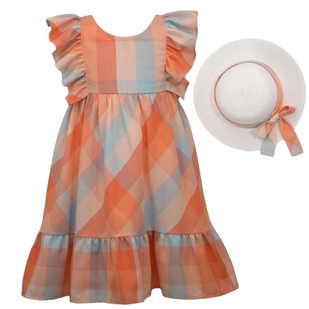 Girls Orange Plaid Pinafore Ruffled Dress & Matching Bow Hat Set Size 7