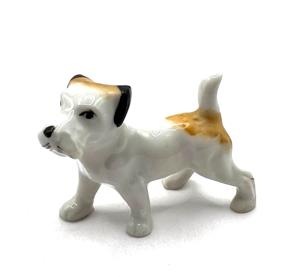 Vintage Porcelain Wire Fox Terrier Figurine Miniature Dog Japan Tan White Black