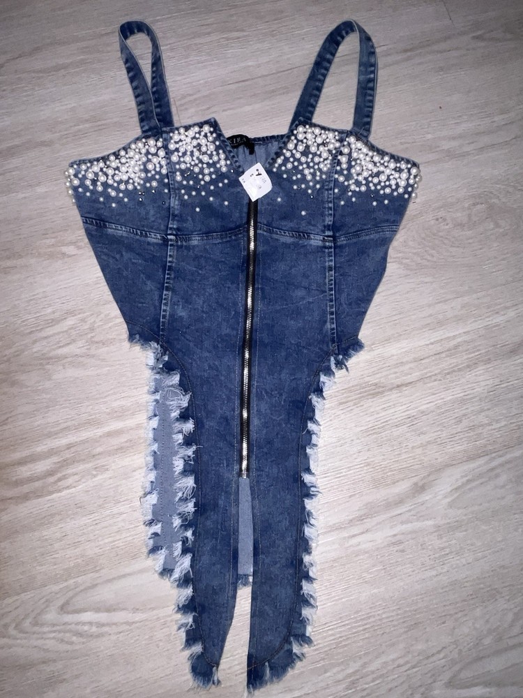 New! Akira Pearl Embellished Denim Corset Trop Split Raw Hem Medium