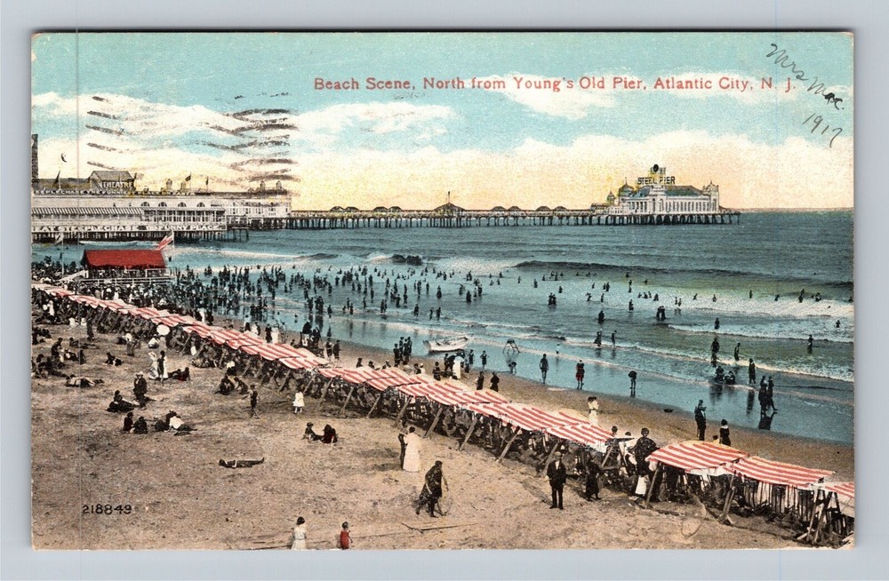 Atlantic City NJ-New Jersey Beach Scene Young's Old Pier c1917 Vintage Postcard