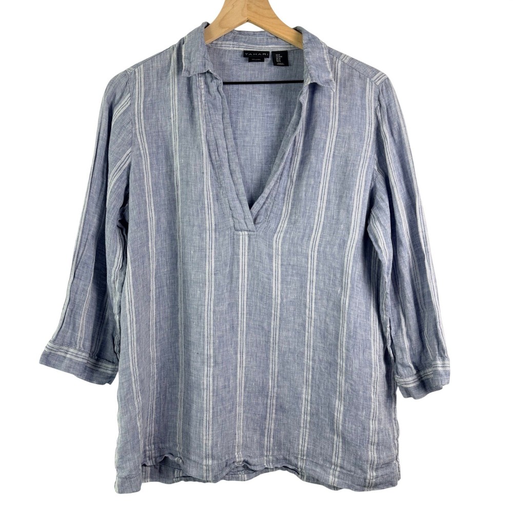 Tahari Blue White Striped 100% Linen V-Neck Tunic Top Blouse Womens Medium