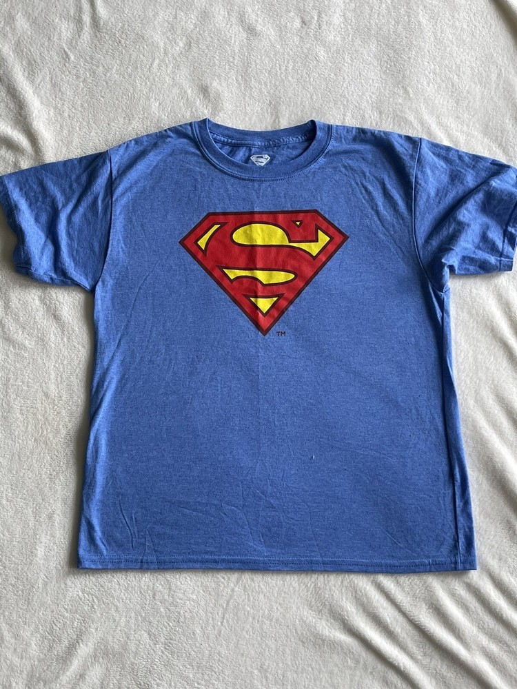 Superman T-Shirt Youth XXL (18) Blue Textured Logo Tee DC Comics Shield Krypton