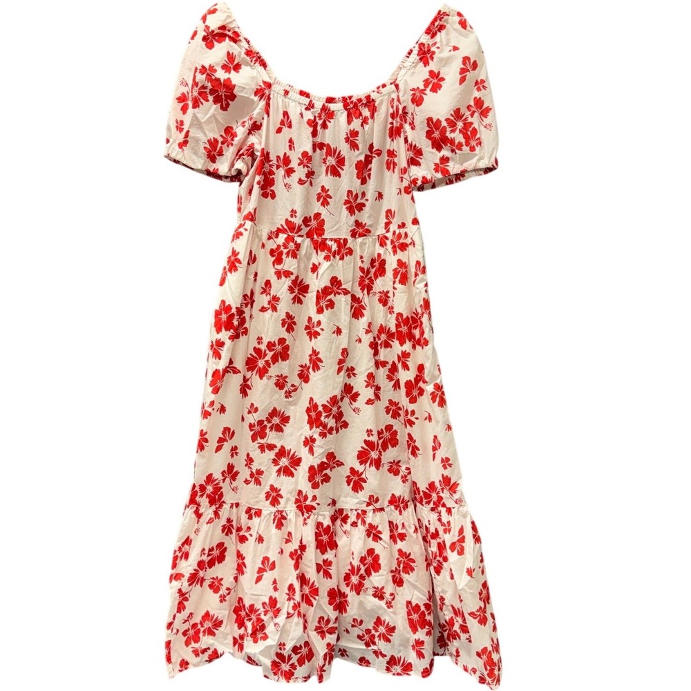 J Crew Midi Dress Womens 4 Red White Floral Tiered Coastal Cotton Boho Cottage