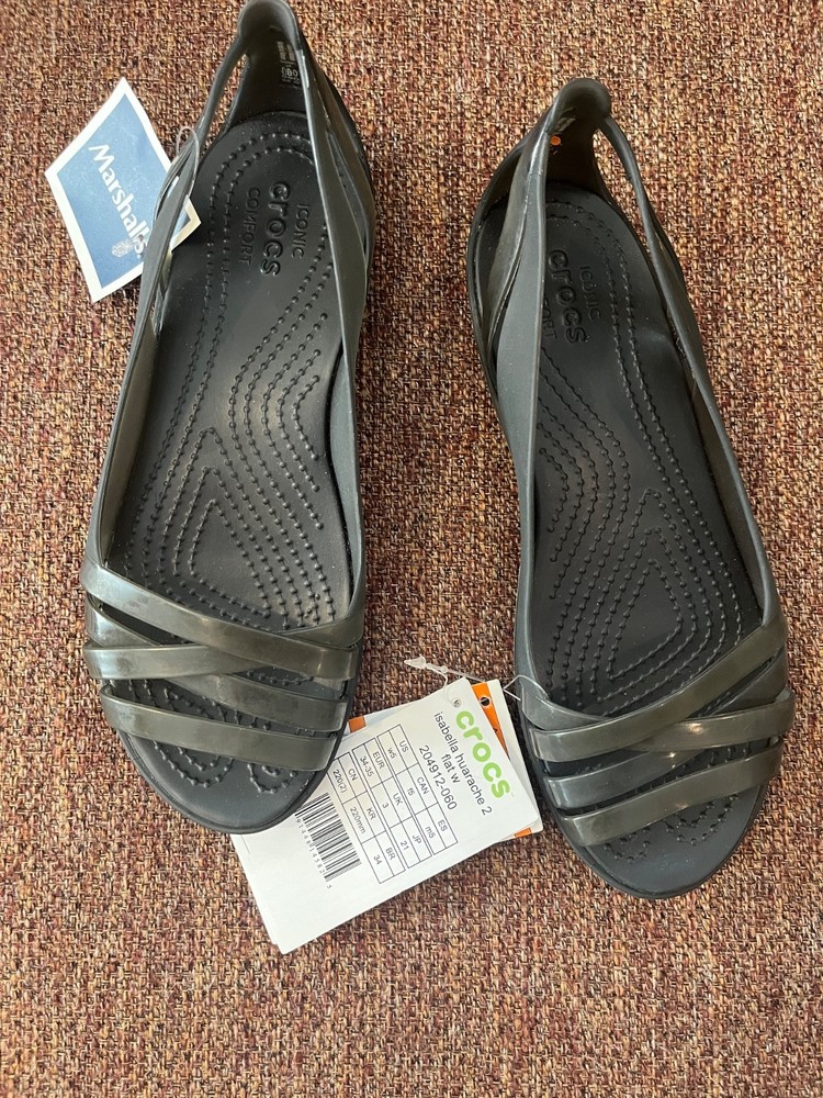 CROCS Isabella Huarache 2 Flat Womens  Black  Slip On Flats Sandals Sz 5 NWT