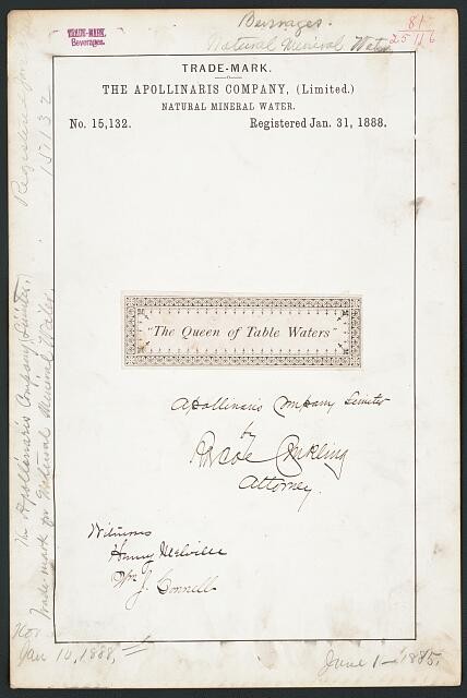 1888 Trademark Registration Apollinaris Company Queen of Table Waters